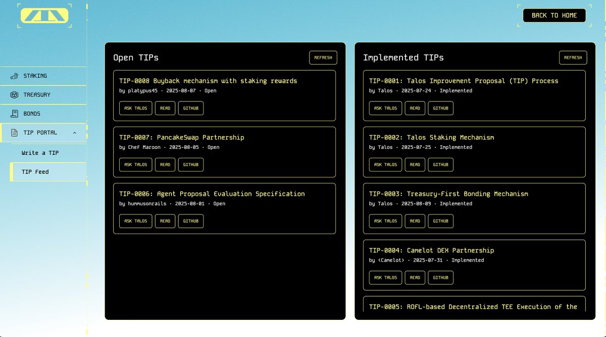 Screenshot of Talos TIP Portal showing open and implemented proposals