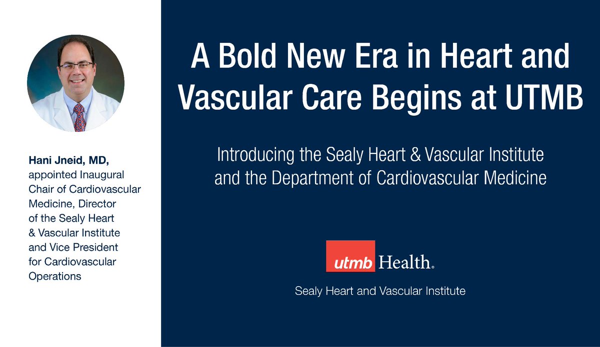 UTMB Health (@utmbhealth) on Twitter photo We're proud to announce the Sealy Heart and Vascular Institute and the new Dept. of Cardiovascular Medicine. Special thanks to Dr. Hani Jneid (<a href="/docHJ/">Hani Jneid MD</a>) who will lead this work and to the Sealy & Smith Foundation for their generous support. utmb.us/ecj <a href="/utmbcardiology/">UTMB Cardiology</a> We're proud to announce the Sealy Heart and Vascular Institute and the new Dept. of Cardiovascular Medicine. Special thanks to Dr. Hani Jneid (<a href="/docHJ/">Hani Jneid MD</a>) who will lead this work and to the Sealy & Smith Foundation for their generous support. utmb.us/ecj <a href="/utmbcardiology/">UTMB Cardiology</a>