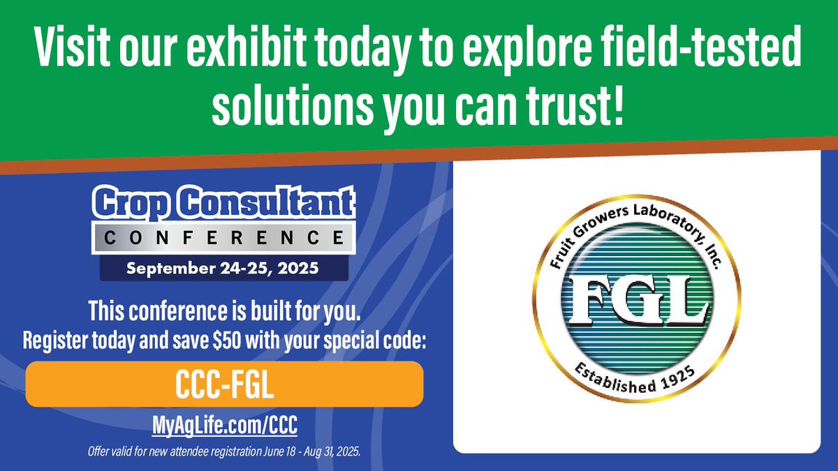 my_ag_life_ca's tweet image. Join us at the Crop Consultant Conference, Sept 24-25 in Visalia! Register at ow.ly/ig7B50WIvBV and save $50 with code CCC-FGL. #CropConsultantConference #CaliforniaAg #AgTesting #PCAs #CCAs #AgSolutions