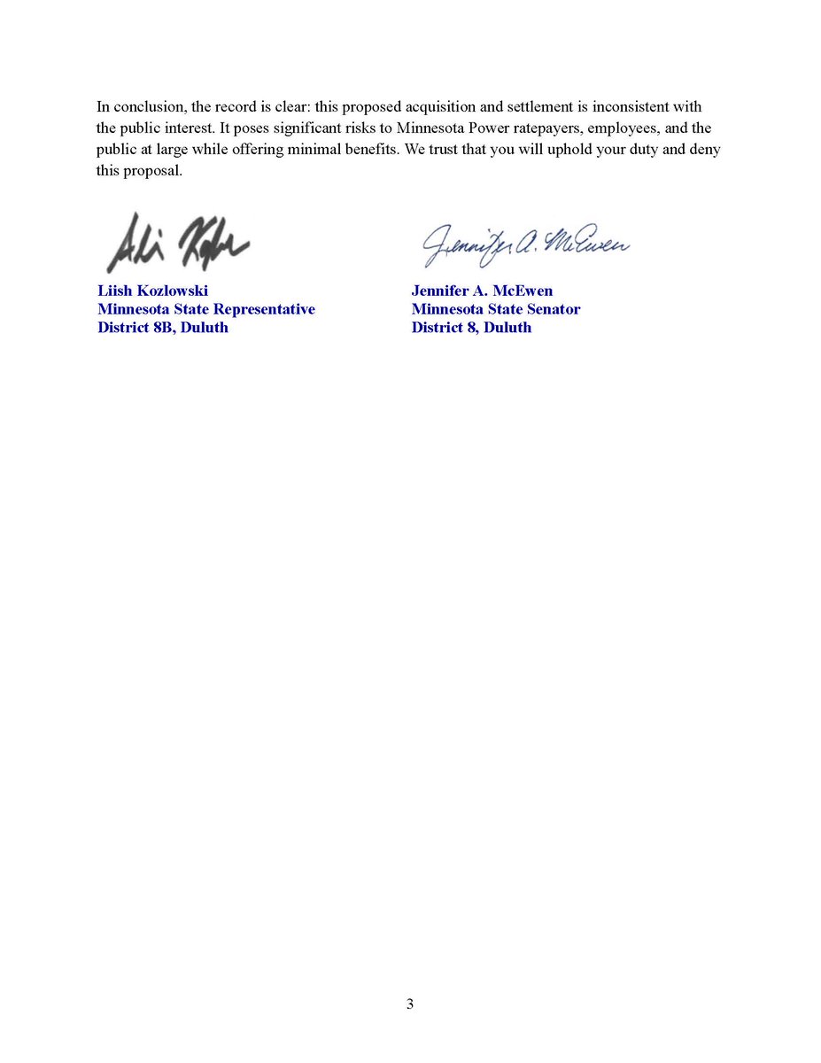 Legislators who represent Minnesota Power's hometown of Duluth urged state regulators to reject a private equity proposal to buy the utility, saying the deal "poses significant risks to Minnesota Power ratepayers, employees, and the public at large" efiling.web.commerce.state.mn.us/documents/%7B8…