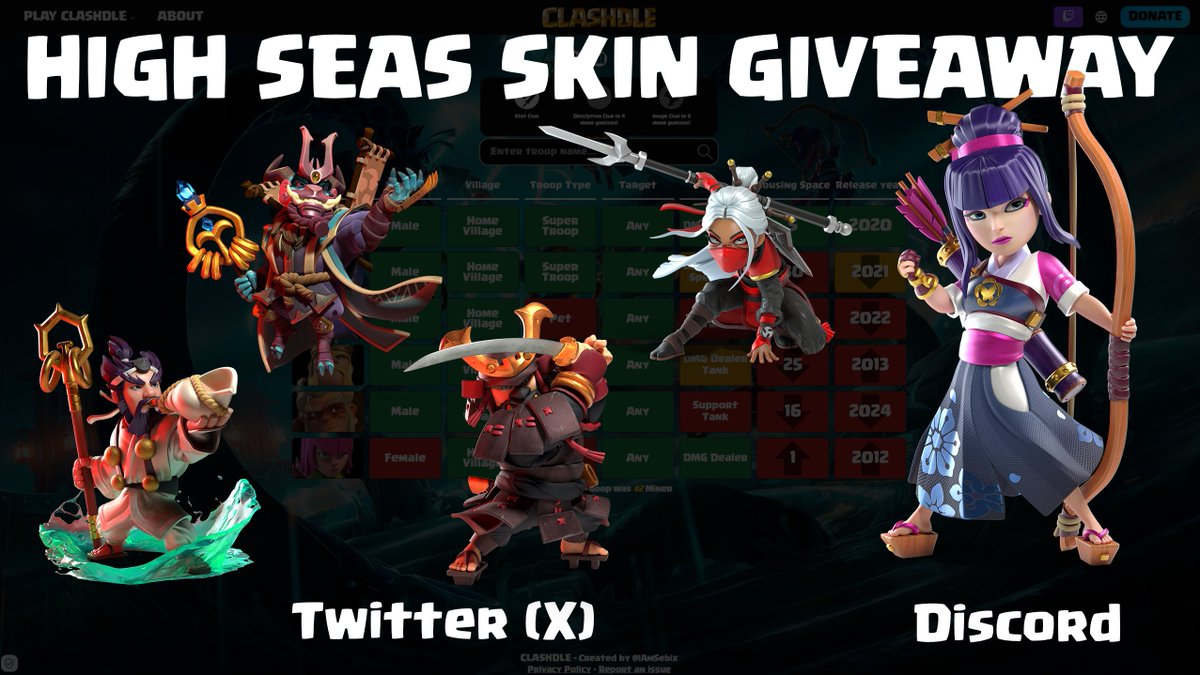 ⚔️ CLASHDLE GIVEAWAY⚔️

WIN A HIGH SEAS SKIN!

1️⃣ Follow + Repost
2️⃣ Play CLASHDLE.GG Classic Mode
3️⃣ Comment your #CLASHDLE score below

*️⃣ Optional: Join the Discord (in bio) for the Archer Queen skin

🍀GL &amp; HF
⏰Winners will be announced on Sunday (24th)