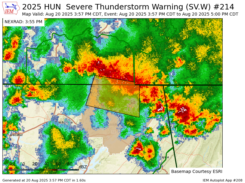 HUN issues Severe Thunderstorm Warning [wind: 60 MPH (RADAR INDICATED), hail: &lt;.75 IN (RADAR INDICATED)] for Jackson [AL] and Franklin [TN] till Aug 20, 5:00 PM CDT mesonet.agron.iastate.edu/vtec/f/2025-O-…