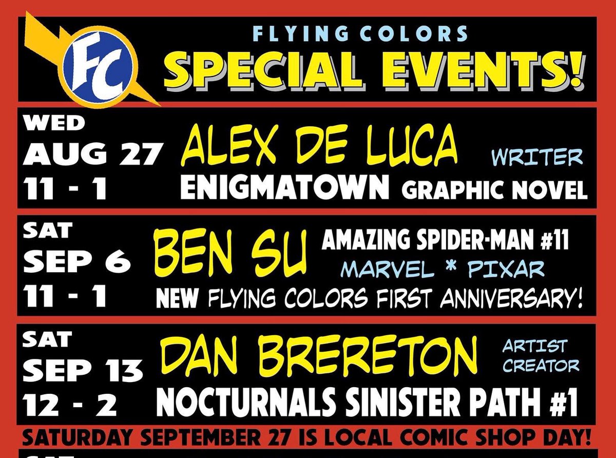 When it Happens in Comics, it Happens in Flying Colors!

Please join us for these Special Events… and for more, visit
FlyingColorsComics.blogspot.com