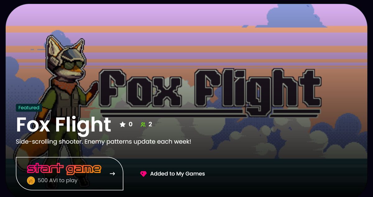 Newest game on the arcade is really awesome and the best part, it has controller support. Im able to play with my Xbox360 controller! $AVI #Aviator 
Enjoy the ride and good luck on the leaderboards. 

arcade.aviator.ac/game/fox-fligh…