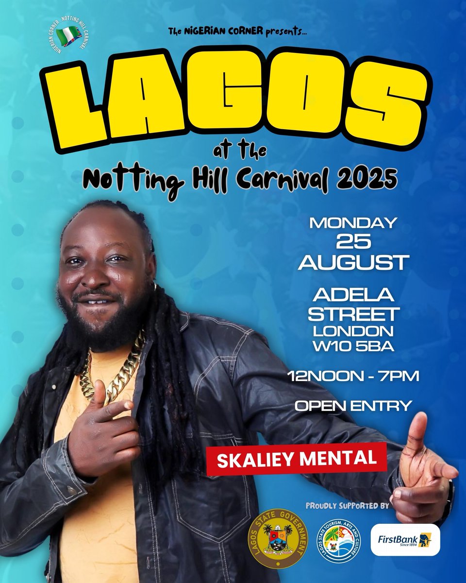 The Nigerian Corner at the Notting Hill Carnival in London this year about to be a madness!!! SKALIEY MENTAL performing on Stage! More artistes announced soon… and the big surprise headliner 😁

Oya na!!