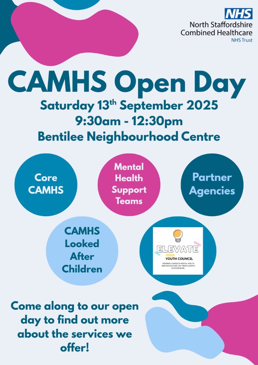 The CAMHS Open Day will be for the public to come down, see what services are available for the community. 

Our partnership services will also be in attendance including: 
Staywell 
Women’s Aid 
Looked After Children’s Team
Mental Health Support Team
New Era
Youth Council
PEGIS