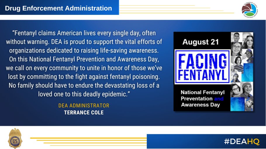 DEAHQ's tweet image. DEA Recognizes National Fentanyl Prevention and Awareness Day with Extended Museum Hours. Join #DEA to raise awareness about the dangers of fentanyl and promote safety to save lives. #NationalFentanylAwarenessDay.  #justKNOW
Read more:  dea.gov/press-releases…