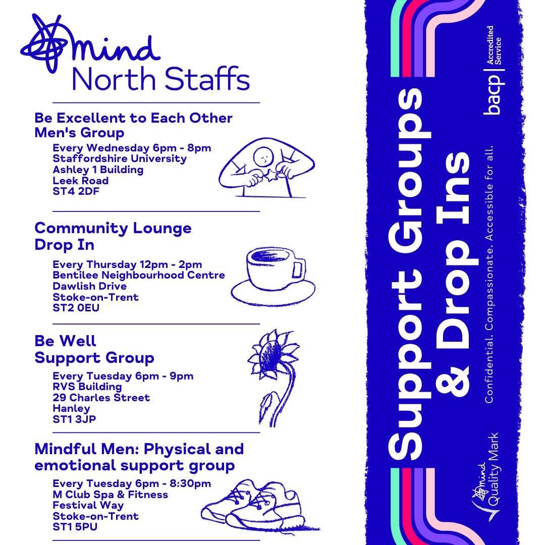 Community Support Groups 👥
Looking for a safe, welcoming space to connect with others and talk openly? 🙂
These sessions are free, friendly and open to all. 
Just give the team a call to find out more: 01782 262100