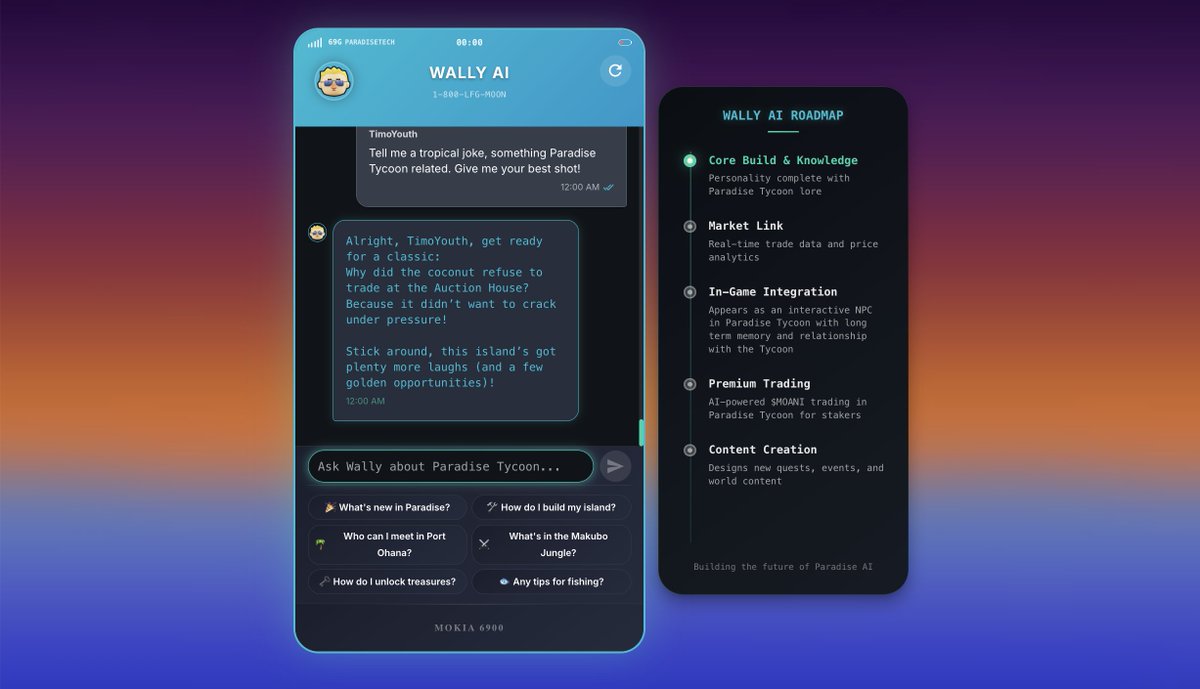 Tycoons, Meet Wally AI 🌴🤖

Next up on Paradise Cloud: Wally AI! Everyone can interact with him, while some future powers will be premium perks for stakers 🔑

For now Wally will chat, guide, and entertain with wit &amp; lore 💬 

But soon he will also…
📊 Provide live market