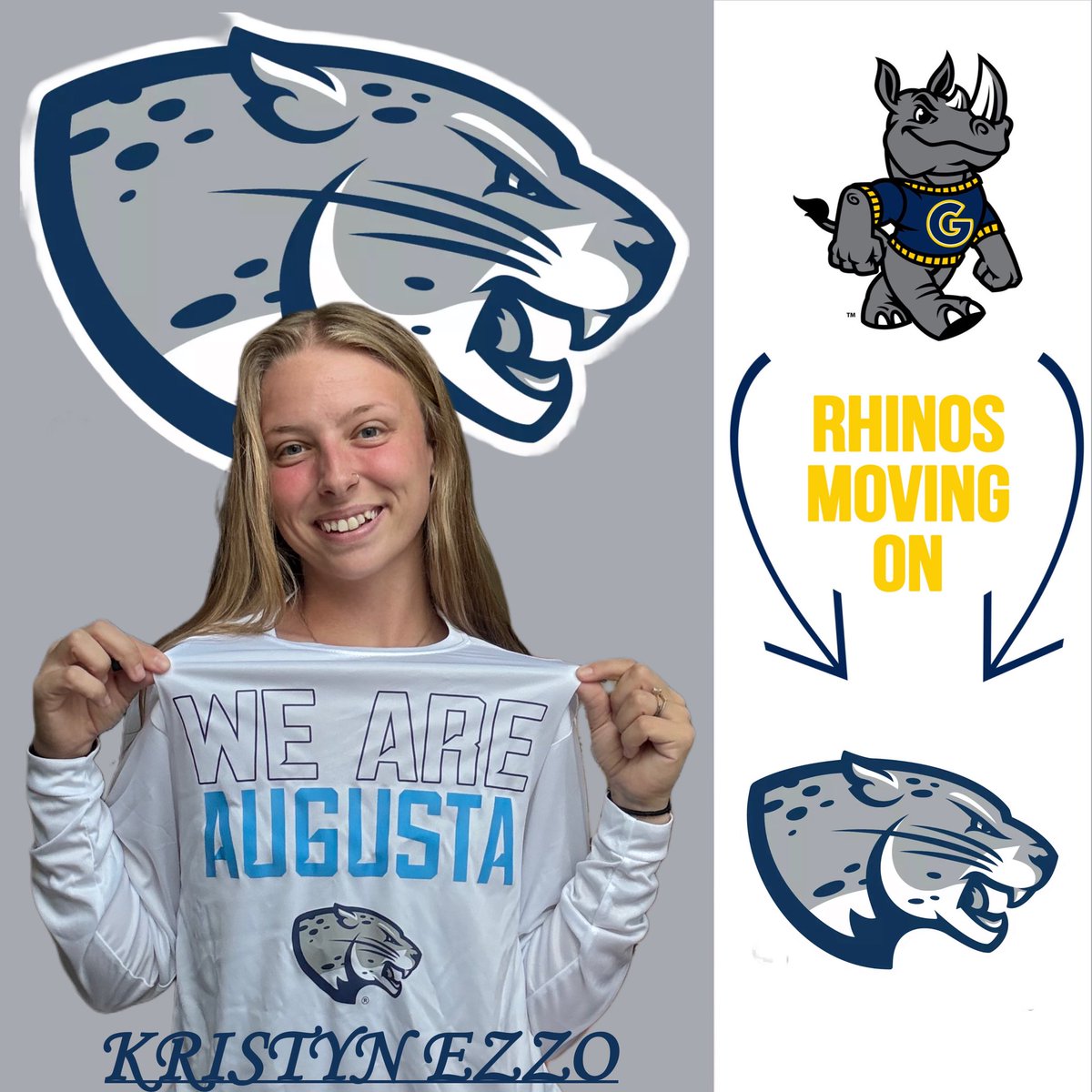 GCRhinosSB's tweet photo. ❗️𝚁𝙷𝙸𝙽𝙾𝚂 𝙼𝙾𝚅𝙸𝙽𝙶 𝙾𝙽❗️ 

So proud of Ezzo as she begins her journey as a Jaguar! Excited to see her thrive at Augusta University! 

#gojags https://t.co/louqkG7GOy