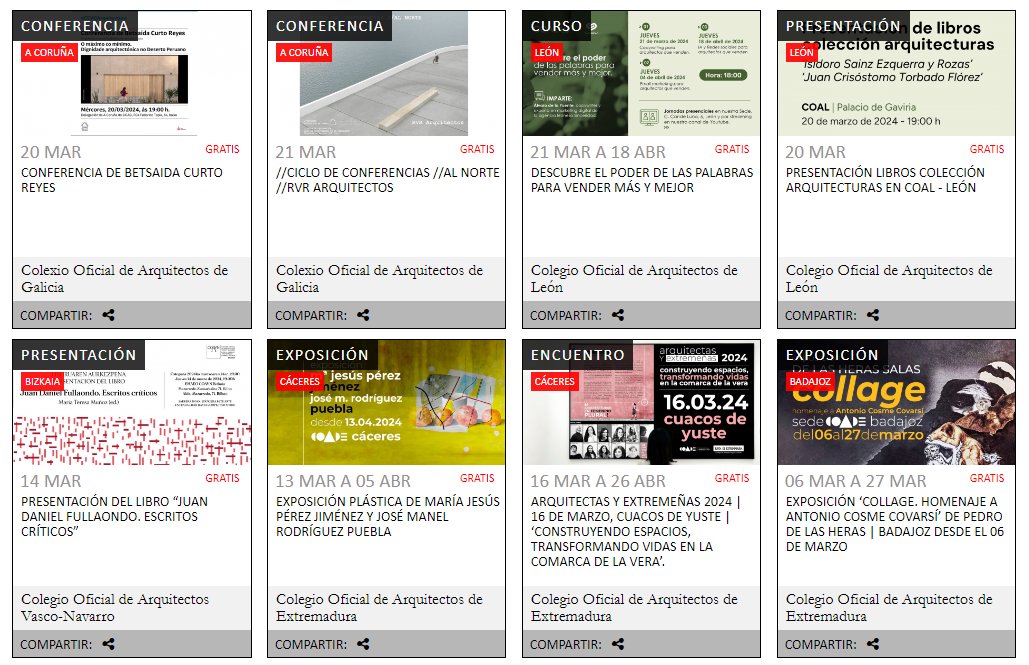 🔴#AgendaArquitectura <a href="/CSCAE/">CSCAE</a>

✔️La Agenda reúne eventos que se publican como #exposiciones, #conferencias, #talleres, #debates, #conciertos ... Agrupa todos los #eventos relacionados con #arquitectura, #urbanismo, #territorio, #pueblos y #ciudades.

agendaarquitectura.es