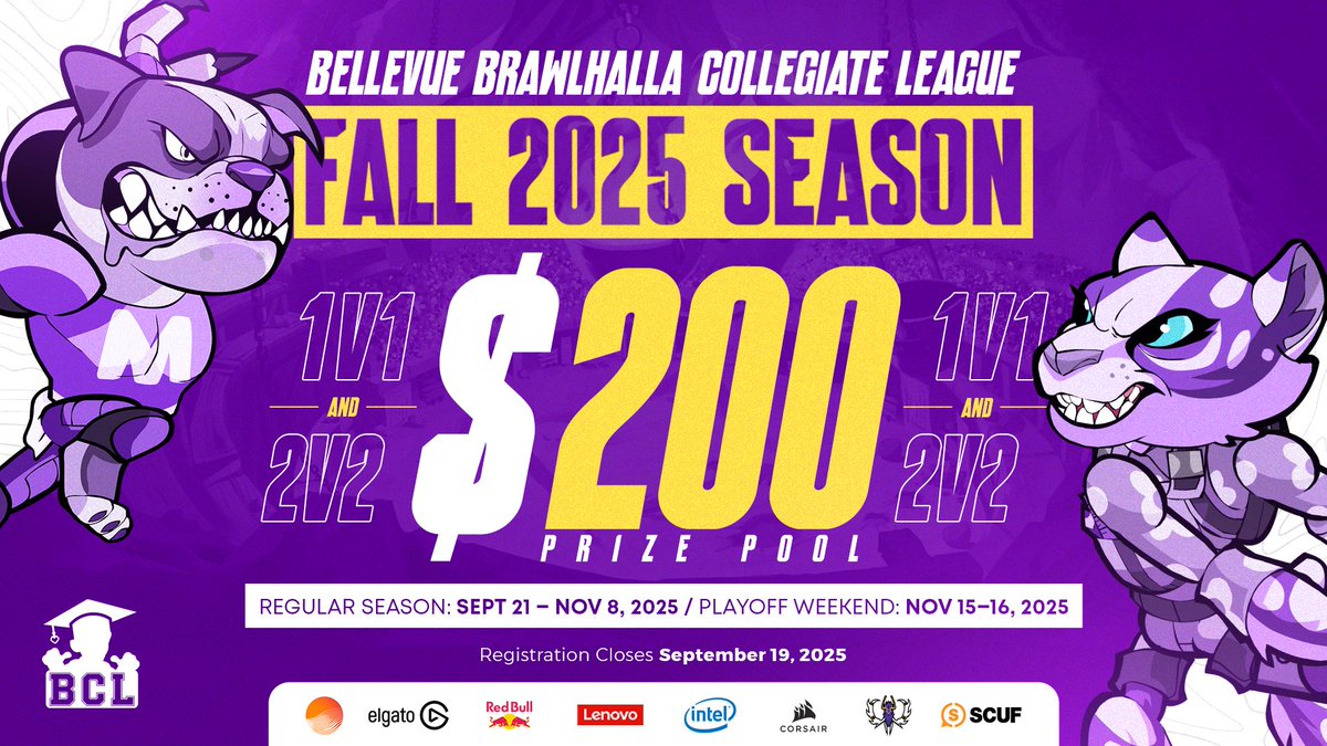🚨Introducing the Bellevue Brawlhalla Collegiate League – Fall 2025 Season!

🔥 1v1 &amp; 2v2 action
💰 $200 Prize Pool
📅 Regular Season: Sept 21 – Nov 8
🏆 Playoffs: Nov 15–16
⏳ Registration closes Sept 19!

Who’s claiming the crown? 👑
#Brawlhalla #Esports #CollegeEsports