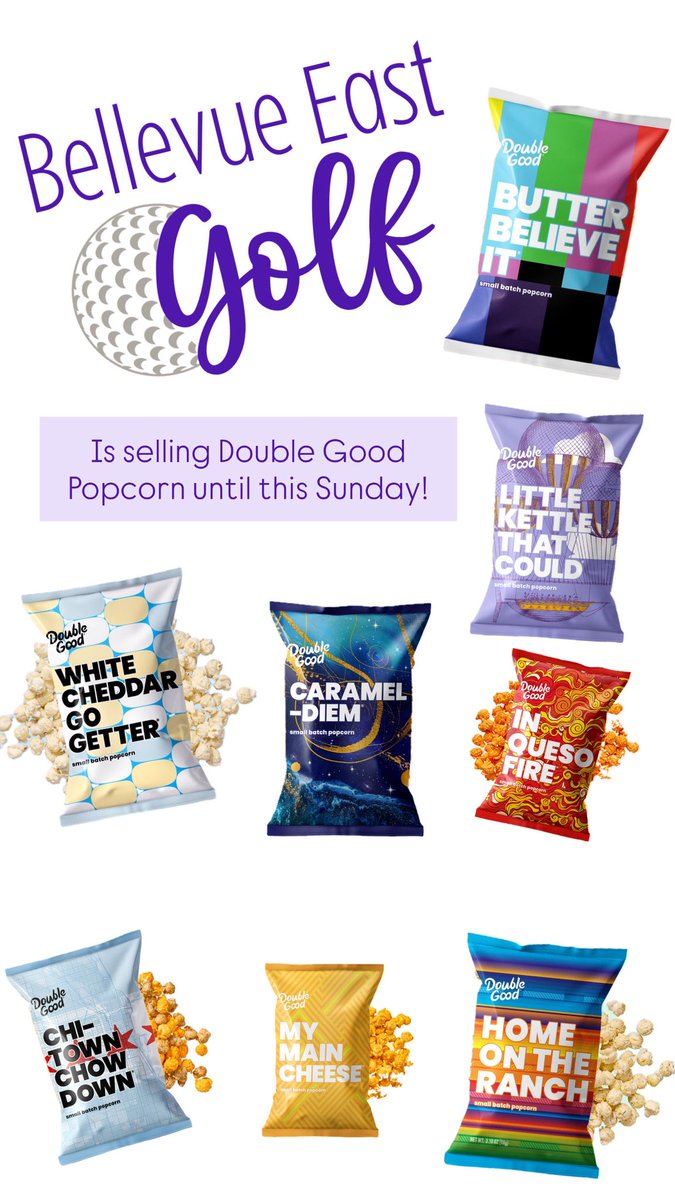 Girls Golf Team is selling Double Good Popcorn until this Sunday!  Our team receives half of the profits to help pay for purple skirts and other team accessories! popup.doublegood.com/s/1kb890lo