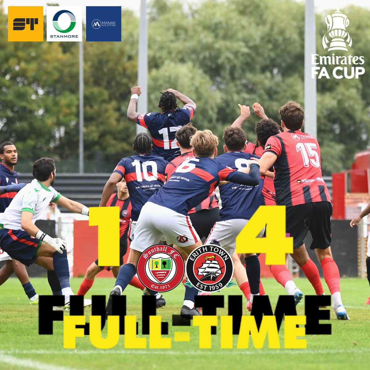 ErithTown's tweet photo. 🏆 | FULL-TIME

Full-time in our @EmiratesFACup #PreliminaryRound with @FCSouthall and we progress to the next round after winning 4-1 on the road.

After being victorious on the night, we face off with @FarnhamTownFC in the First Round Qualifying.

#UpTheDockers https://t.co/3to7dP8e9k