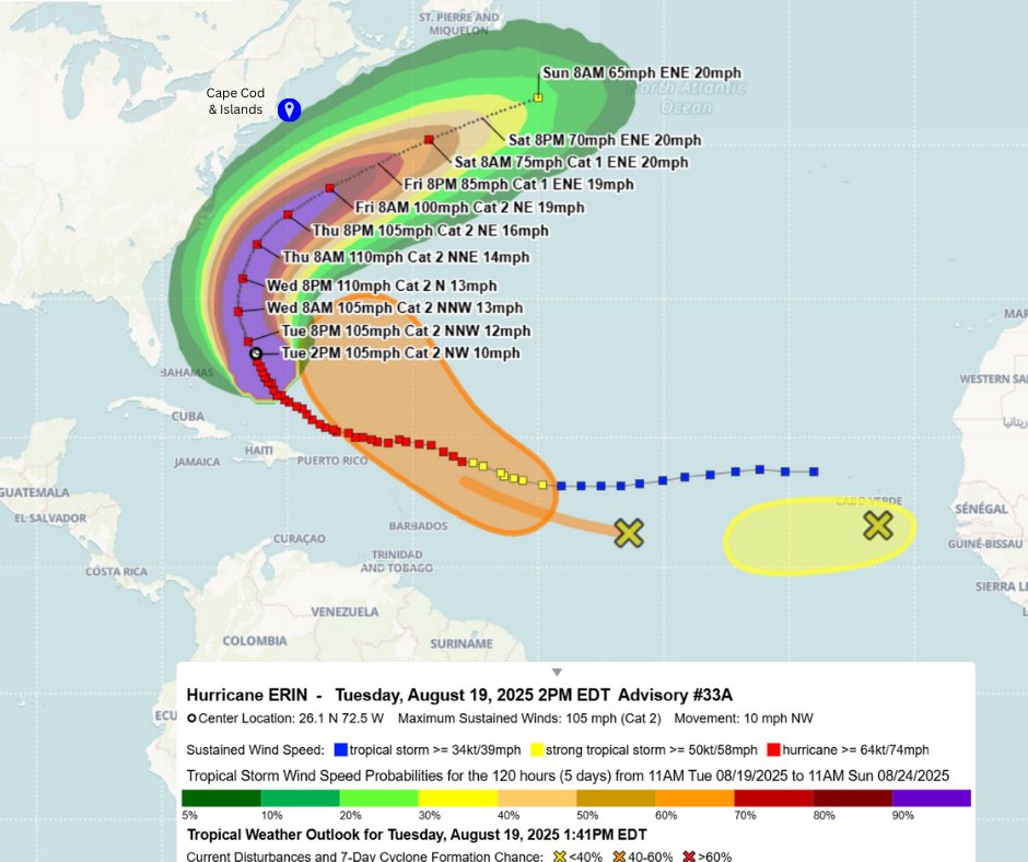 As Erin narrowly brushes past the East Coast, she's a good reminder of how important it is to BE PREPARED. Check out our recent blog post that includes preparedness guidance and resources, as well as info. re Erin's expected impacts for our region. 

#capecodgov #weatherready