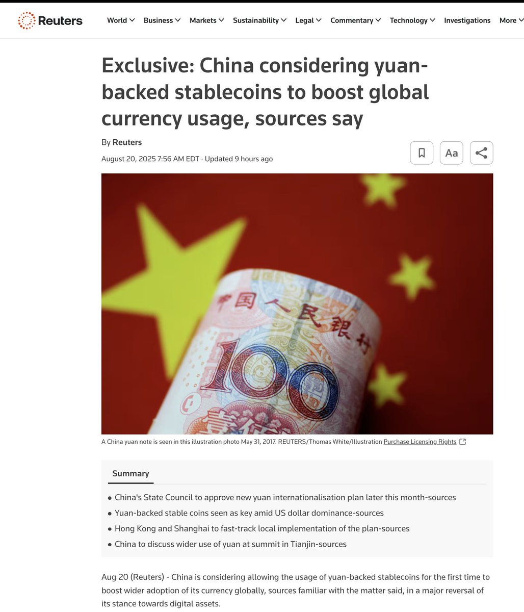 Deploying Yuan to Ethereum may go against CCP instincts - on the other hand - it makes perfect sense

Yuan stablecoins on a credibly neutral world ledger the U.S. can't shut down

There's SWIFT (U.S. ledger)
There's CIPS (China ledger)
There's Ethereum (World ledger)