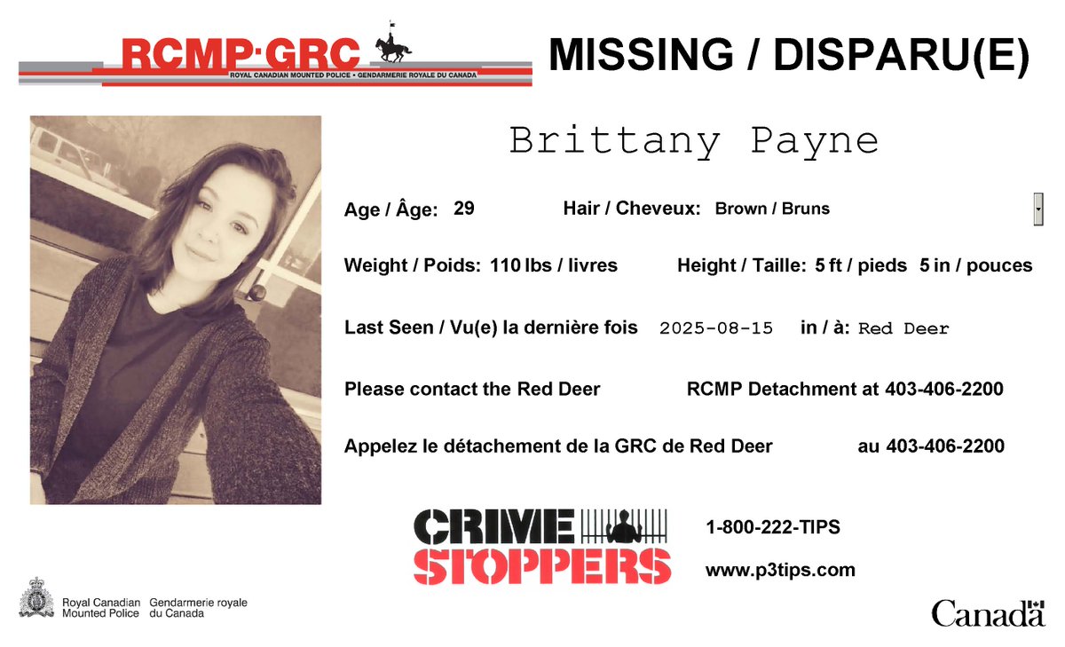 #Disparue: Brittany Payne, 29 ans, #RedDeer.