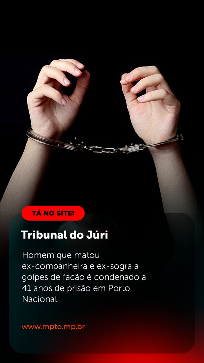 ☝️ Homem que matou ex-companheira e ex-sogra a golpes de facão é condenado a 41 anos de prisão em Porto Nacional.

🖥️ x.gd/FAgfU

👉 Seus direitos foram desrespeitados?
📞 Ligue 127.

#MPTO #MPTOAtuante