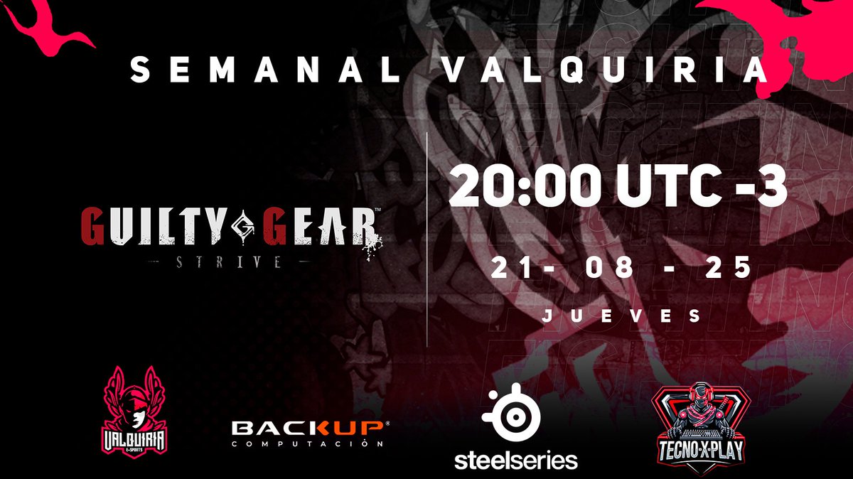 ⛩Semanales de Valquiria⛩
🔥Para celebrar el nuevo parche de Guilty Gear Strive ¿Que mejor forma que un semanal?🤩

Que esperas para participar?

⏰21/8 20:00hs(ARG)  
📄challonge.com/es/SemanalesVa…

#FGC #GGST   #somosvalquiria

Los esperamos!