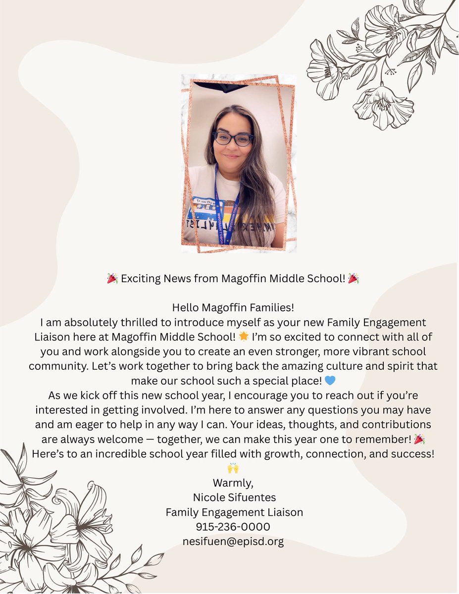 🎉 Exciting News, Magoffin Families! 🎉

Help us give a warm welcome to our new Parent Engagement Liaison, Nicole Sifuentes!

Nicole is here to support our families, build strong connections, and make sure your voices are heard. We’re so excited to have her on board.✨