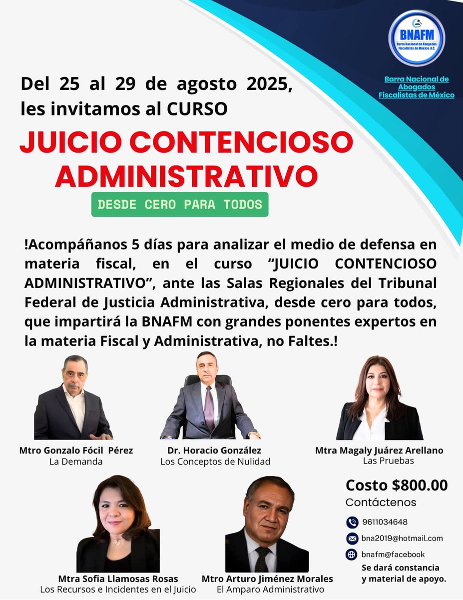 El próximo lunes 25 de agosto participaré como ponente en un curso de Juicio Contencioso Administrativo Federal, los dias siguientes estarán los expositores  que se indican.