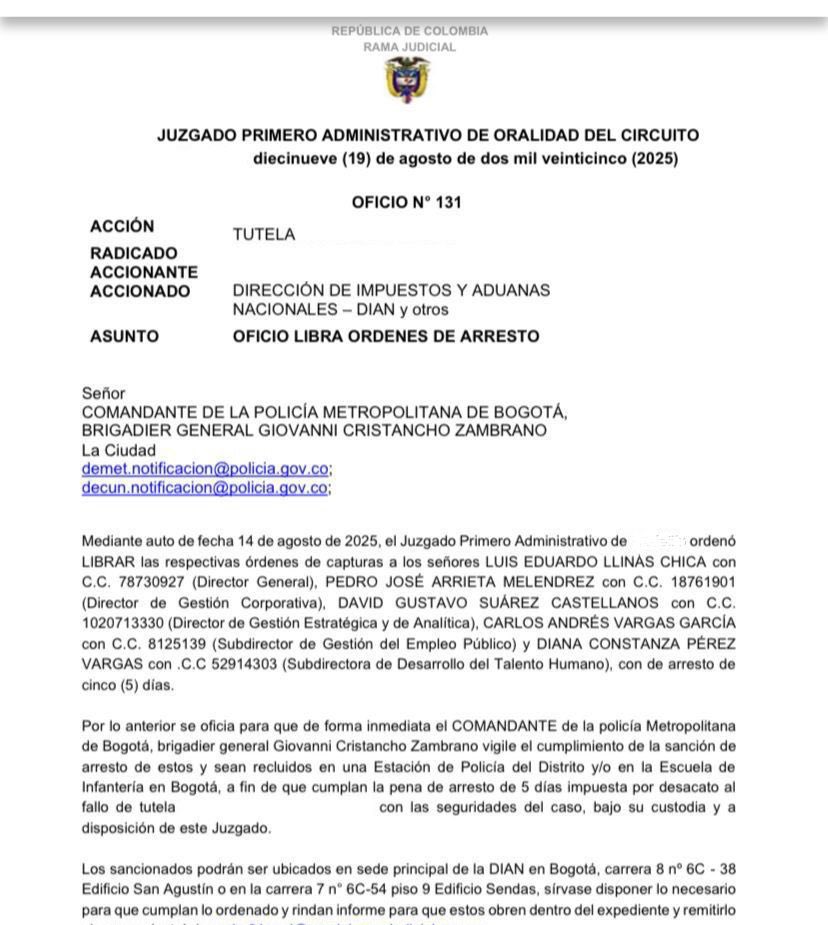 FabianGPardo's tweet photo. Juez ordena arresto al director de la @DIANColombia por privilegiar los nombramientos a dedo
 ¿Qué está pasando en la DIAN? Dir. Luis Eduardo Llinas, de la mano de provisionales se niega a nombrar a personas del concurso de mérito, burlándose de la justicia #LlinasRespeteElMerito https://t.co/tFO4g8uQta