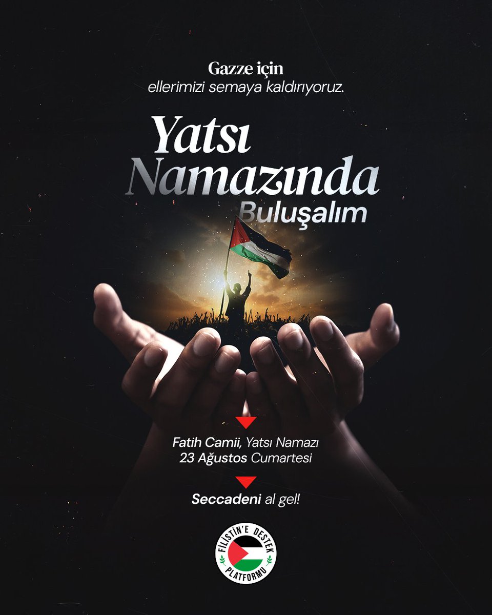 Gazze, açlığın ve zulmün en ağır imtihanını veriyor. Sözüm ona, ellerine hiçbir şey geçmedi geçmeyecek de...

Bugün Filistin için net bir duruş sergilemek her zamankinden daha önemli. 23 Ağustos'ta Fatih Camii’nde bir araya geliyor, kardeşlerimiz için dualarda buluşuyoruz.🇹🇷🇵🇸