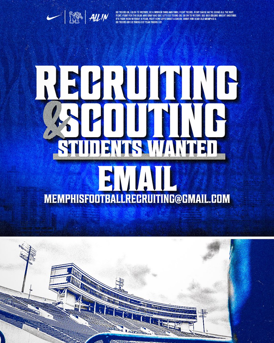 Memphis Football (@memphisfb) on Twitter photo We are looking for <a href="/uofmemphis/">University of Memphis</a> students interested in working in our recruiting and scouting departments! Contact information below โฌ๏ธ
#ALLIN | #GoTigersGo We are looking for <a href="/uofmemphis/">University of Memphis</a> students interested in working in our recruiting and scouting departments! Contact information below โฌ๏ธ
#ALLIN | #GoTigersGo