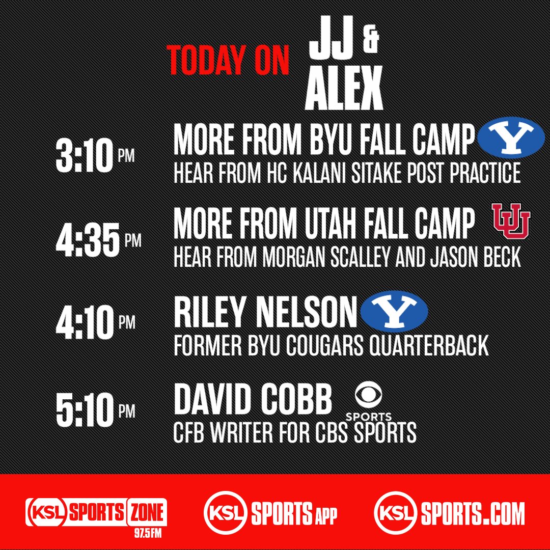 97.5 The KSL Sports Zone (@kslsportszone) on Twitter photo Wednesday on <a href="/JeremiahJensen/">Jeremiah Jensen</a> & <a href="/AlexKirryKSL/">Alex Kirry</a>
- #BYUFootball Fall Camp
- CFP changing their evaluations
- <a href="/RileyNelson_/">Riley Nelson</a> 4:10
- #GoUtes Football Fall Camp
- <a href="/DavidWCobb/">David Cobb</a> 5:10
- and so much more!
📺: youtube.com/@ksl5sports
🎧: tuner.bonneville.com/live/KZNS-FM
<a href="/kslsports/">KSL Sports</a> Wednesday on <a href="/JeremiahJensen/">Jeremiah Jensen</a> & <a href="/AlexKirryKSL/">Alex Kirry</a>
- #BYUFootball Fall Camp
- CFP changing their evaluations
- <a href="/RileyNelson_/">Riley Nelson</a> 4:10
- #GoUtes Football Fall Camp
- <a href="/DavidWCobb/">David Cobb</a> 5:10
- and so much more!
📺: youtube.com/@ksl5sports
🎧: tuner.bonneville.com/live/KZNS-FM
<a href="/kslsports/">KSL Sports</a>