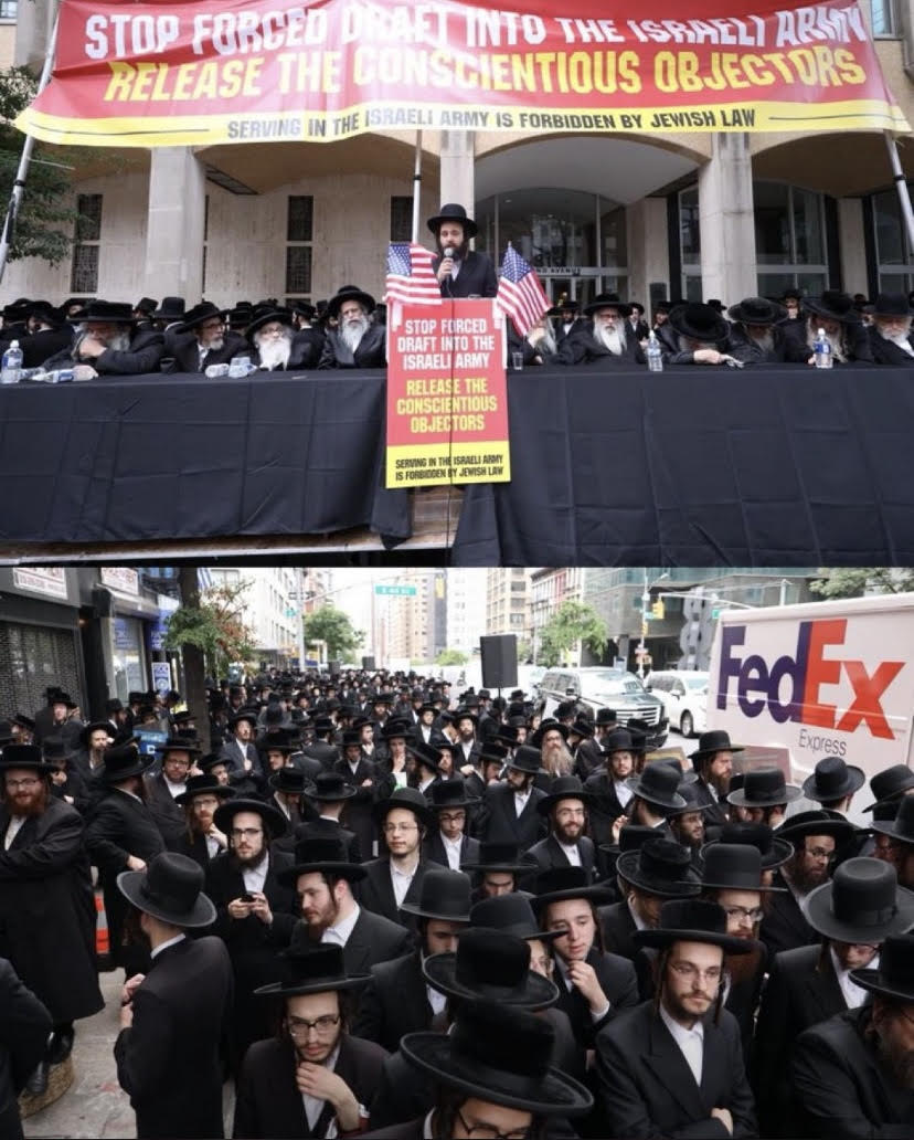 Tens of thousands Satmar Chasidim demonstrated in Manhattan this week in front of the Israeli Consulate, protesting the arrest of yeshiva Bocherim in Israel who refused to to join the IDF.