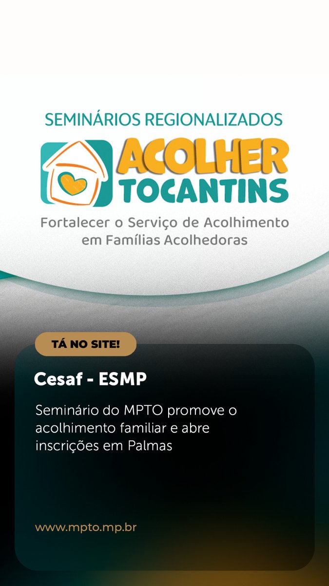 👶 Seminário do MPTO promove o acolhimento familiar e abre inscrições em Palmas.

🖥️ x.gd/Y20TK

👉 Seus direitos foram desrespeitados?
📞 Ligue 127.

#MPTO #MPTOAtuante
