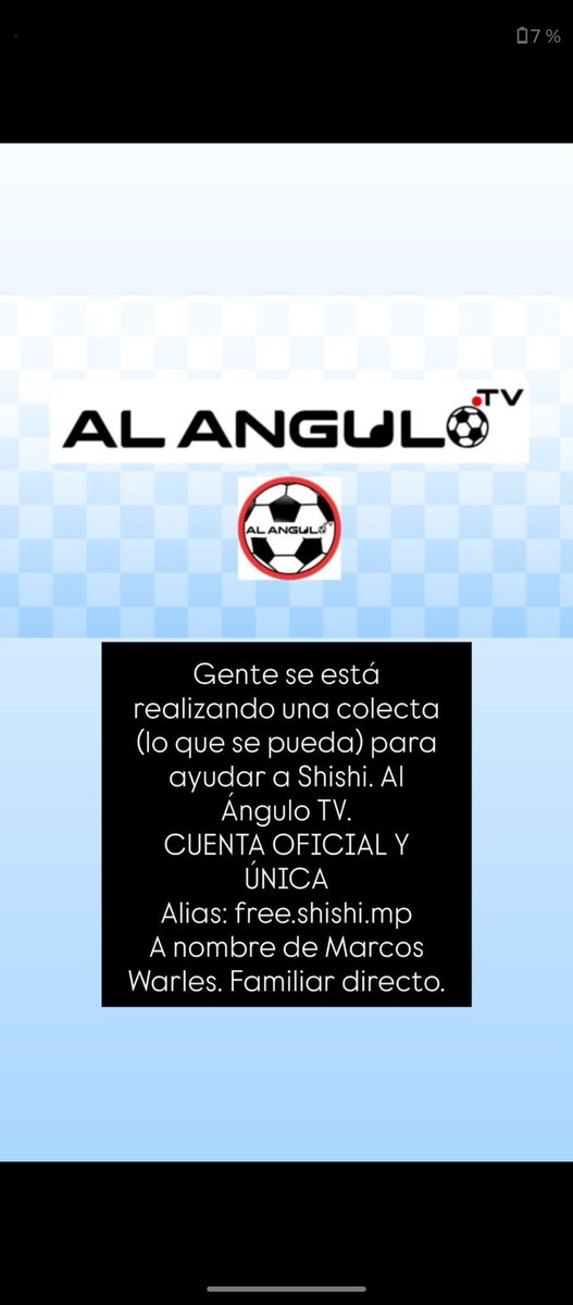 Gente, estoy en contacto directo con la familia, especificamente con Marlene, la prima.

Se está realizando una colecta (lo que se pueda) para ayudar a Shishi (AL ÁNGULO TV)

CUENTA OFICIAL Y ÚNICA 
Alias: free.shishi.mp

A nombre de Marcos Warles, primo hermano.