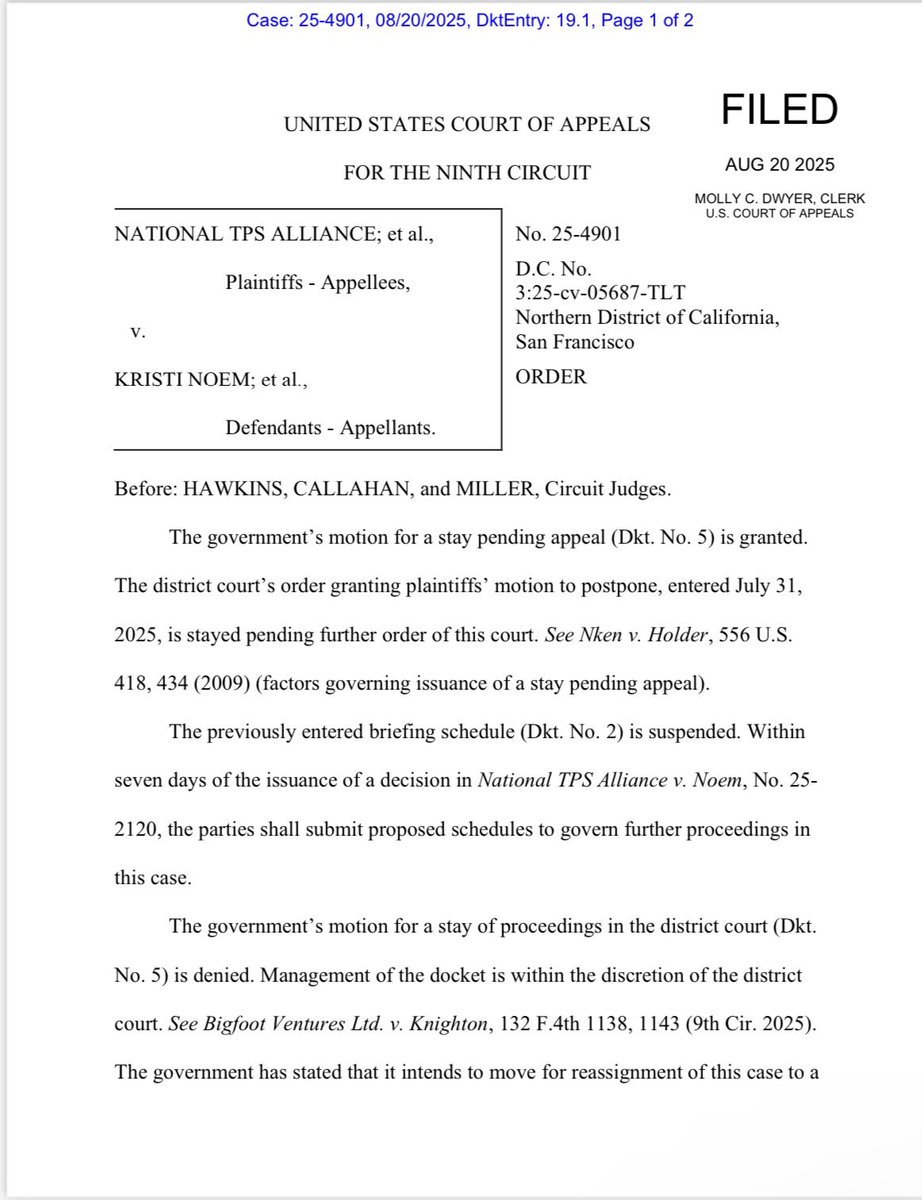 BillMelugin_'s tweet photo. BREAKING: The 9th Circuit Court of Appeals will allow the Trump administration to move forward with ending Temporary Protected Status (TPS) for 60,000 migrants from Honduras, Nicaragua, and Nepal in the U.S., overturning San Francisco federal judge Trina Thompson’s decision to block the Trump administration from ending the protections. The Trump admin had appealed that decision and requested an emergency stay of that order, and the 9th Circuit just granted that stay. 

When judge Thompson (Biden appointee) blocked the Trump admin from ending the TPS protections last month, she wrote the following:

“The freedom to live fearlessly, the opportunity of liberty, and the American dream. That is all Plaintiffs seek. Instead, they are told to atone for their race, leave because of their names, and purify their blood. The Court disagrees."

The 9th Circuit has now sided with the Trump administration over her.