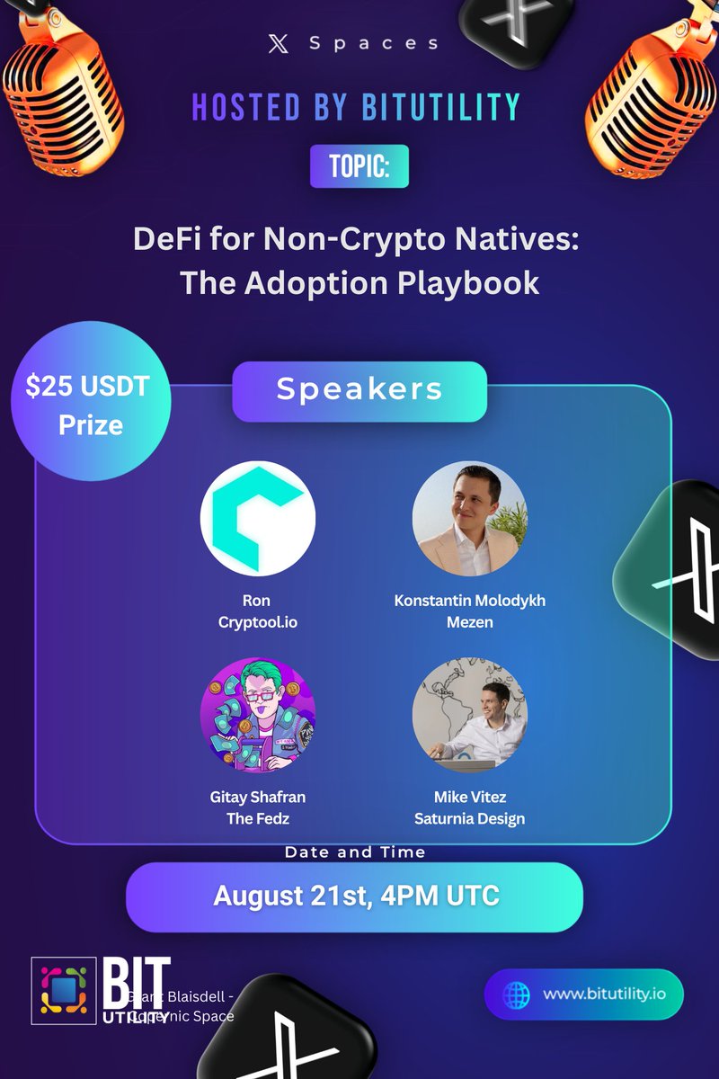 BitUtility (@bitutilityx) on Twitter photo 🚨 Space + $25 $USDT #Giveaway 🚨
📍 DeFi for Non-Crypto Natives: The Adoption Playbook
🗓️ August 21st, 4:00 PM UTC
🥂 Speakers:
🔸Ron | Founder of <a href="/cryptool_io/">cryptool.io</a>
🔸Konstantin - <a href="/0xMolodykh/">Konstantin Molodykh🧩</a> | CEO <a href="/mezencrypto/">Mezen</a>
🔸Gitay Shafran | founder at <a href="/TheFedzNFT/">The Fedz</a>
🔸@mikevitez | Head of IT & 🚨 Space + $25 $USDT #Giveaway 🚨
📍 DeFi for Non-Crypto Natives: The Adoption Playbook
🗓️ August 21st, 4:00 PM UTC
🥂 Speakers:
🔸Ron | Founder of <a href="/cryptool_io/">cryptool.io</a>
🔸Konstantin - <a href="/0xMolodykh/">Konstantin Molodykh🧩</a> | CEO <a href="/mezencrypto/">Mezen</a>
🔸Gitay Shafran | founder at <a href="/TheFedzNFT/">The Fedz</a>
🔸@mikevitez | Head of IT &
