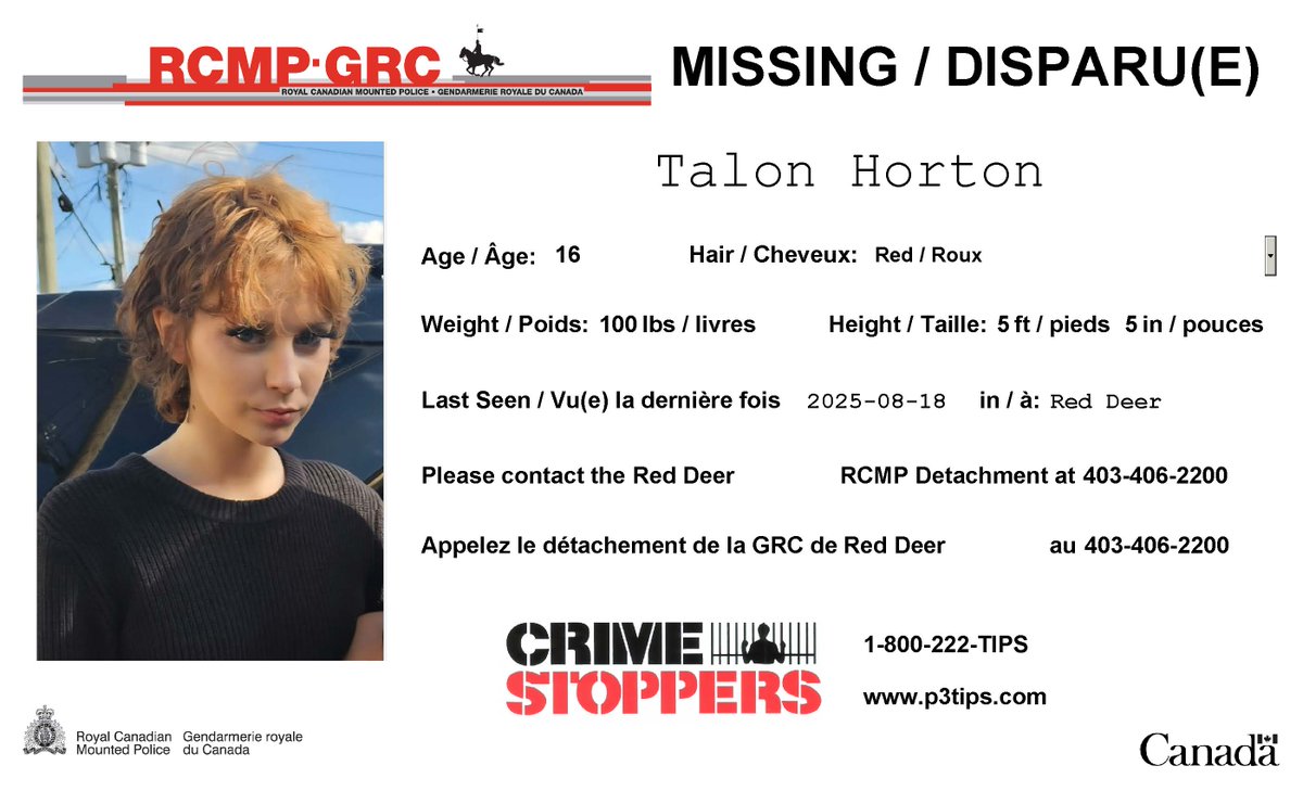 #Disparue: Talon Horton, 16 ans, #RedDeer.