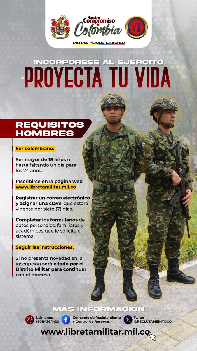 Séptima División del Ejército Nacional (@ejercito_div7) on Twitter photo Uno de los requisitos para prestar el servicio militar en el <a href="/COL_EJERCITO/">Ejército Nacional de Colombia</a> es tener entre 18 y hasta faltando un día para los 24 años. Ya nos encontramos en el proceso de incorporación del tercer contingente del 2025, reciba toda la información en los distritos militares. Uno de los requisitos para prestar el servicio militar en el <a href="/COL_EJERCITO/">Ejército Nacional de Colombia</a> es tener entre 18 y hasta faltando un día para los 24 años. Ya nos encontramos en el proceso de incorporación del tercer contingente del 2025, reciba toda la información en los distritos militares.