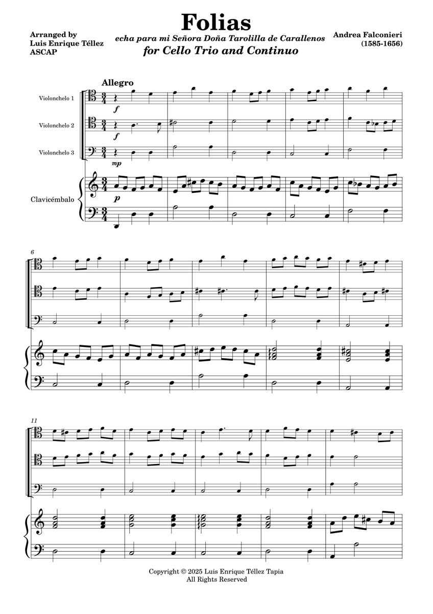 LOrfeoCSM's tweet photo. Nuevo arreglo de "Folias" de Andrea Falconieri (1585-1656) para Trio de Violonchelos y Clave continuo. Score y Partes disponibles en https://t.co/eCPrYwYLnd https://t.co/tHro6TSWrC