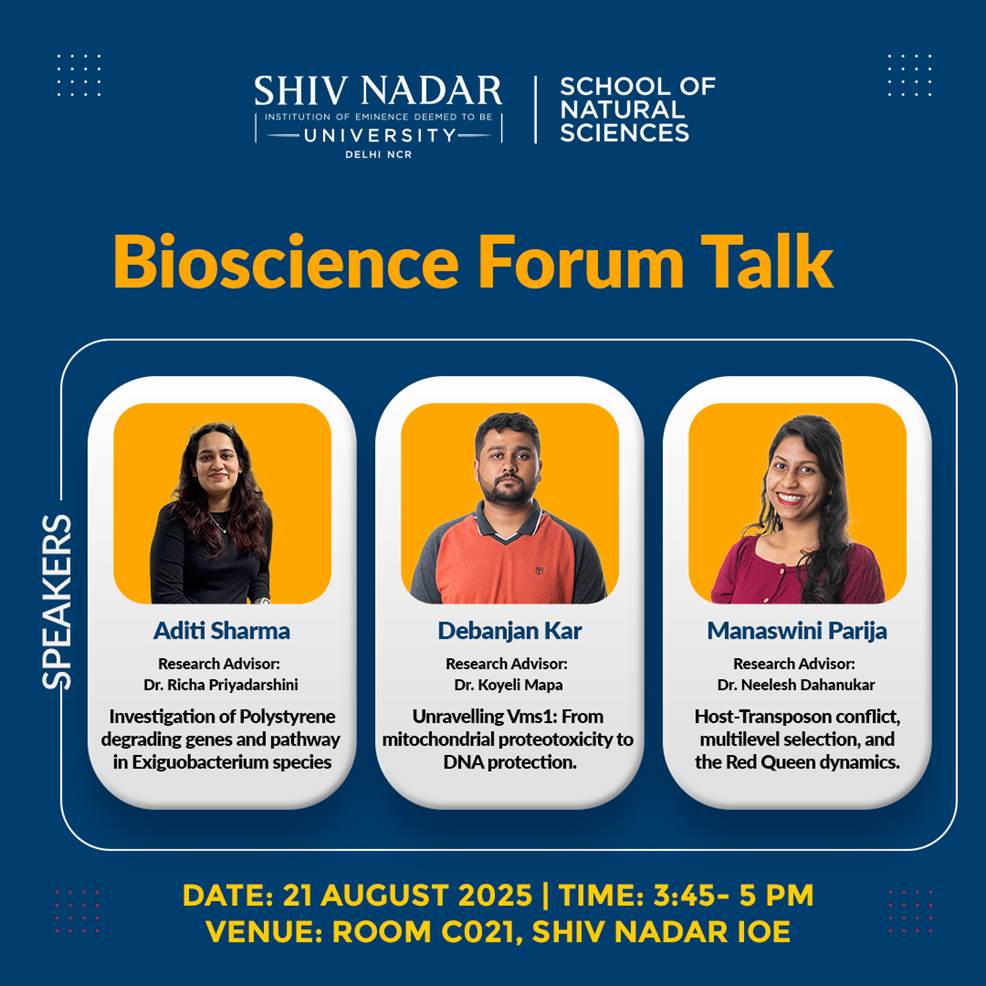 dls_snioe's tweet photo. #BioScienceForum
PhD researchers from Dep. Of LifeSciences will present today. Join us
๐งซ Aditi Sharma โ Microbial genes in polystyrene biodegradation
๐งฌ Debanjan Kar โ Vms1 & mitochondrial stress
๐ Manaswini Parija โ HostโTE conflict & evolution
#BioScienceForum #PhDResearch https://t.co/esGdZaVLFB