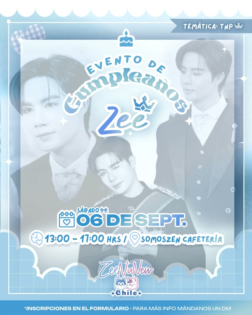 ZeePrukChile's tweet photo. ¡𝐋𝐨𝐬 𝐢𝐧𝐯𝐢𝐭𝐚𝐦𝐨𝐬 𝐚 𝐜𝐞𝐥𝐞𝐛𝐫𝐚𝐫 𝐞𝐥 𝑐𝑢𝑚𝑝𝑙𝑒𝑎𝑛̃𝑜𝑠 𝐝𝐞 Zee! 🥳🇨🇱

📅 ‣ Sábado 6 de septiembre 
⏰ ‣ 13:00 - 17:00 hrs (serán 2 bloques) 
📍 ‣ @somoszencafeteria  Bandera 620 of 311, Santiago

✦ Link de Inscripción 
➵ https://t.co/wnT6lWOeqj https://t.co/kN3ZS5z6gf