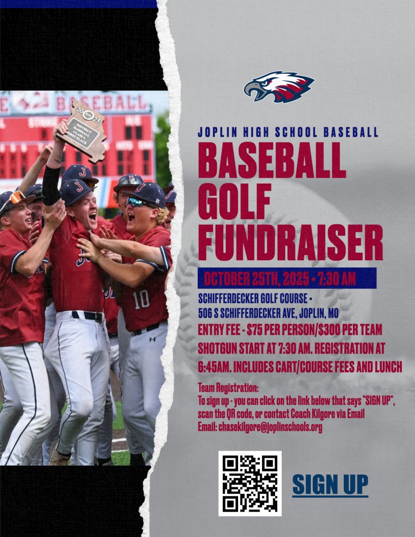 🚨 Joplin Eagle Baseball Golf Fundraiser! 🚨
Support our players &amp; program needs while enjoying a great day of golf ⛳️
🔗 Sign up: forms.gle/6iLTUtyMnCS9BK…
💵 $300 Team Entry Fee due at registration (checks to Joplin Eagles Baseball)