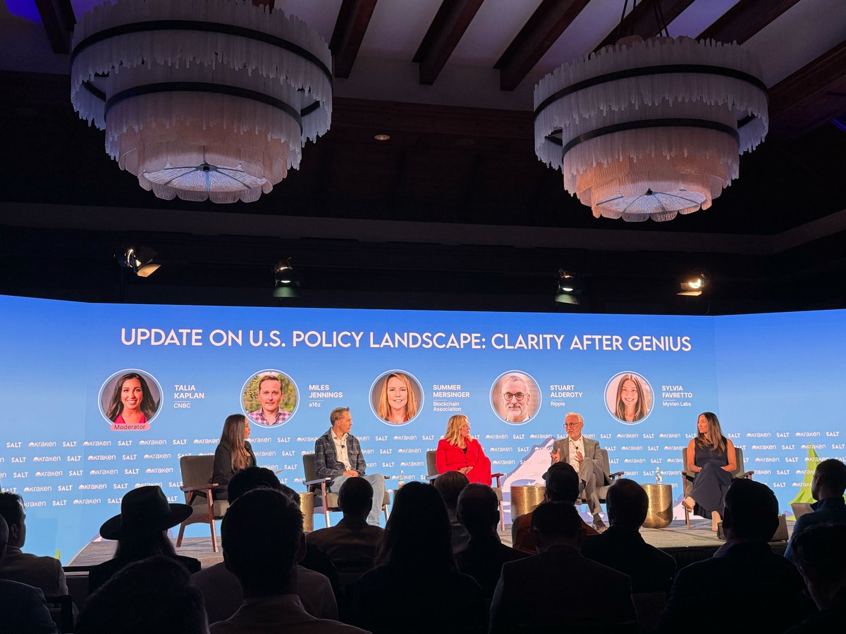 s_alderoty's tweet photo. Glad to be here at @SALTConference alongside @a16z, @BlockchainAssn, @Mysten_Labs, and @CNBC, talking about this post-GENIUS Act world, the most important tenets of any market structure bill and what it means to have a cohesive legislative and executive branch crypto strategy.

Just a bunch of policy wonks in quite possibly one of the most beautiful event locations around!