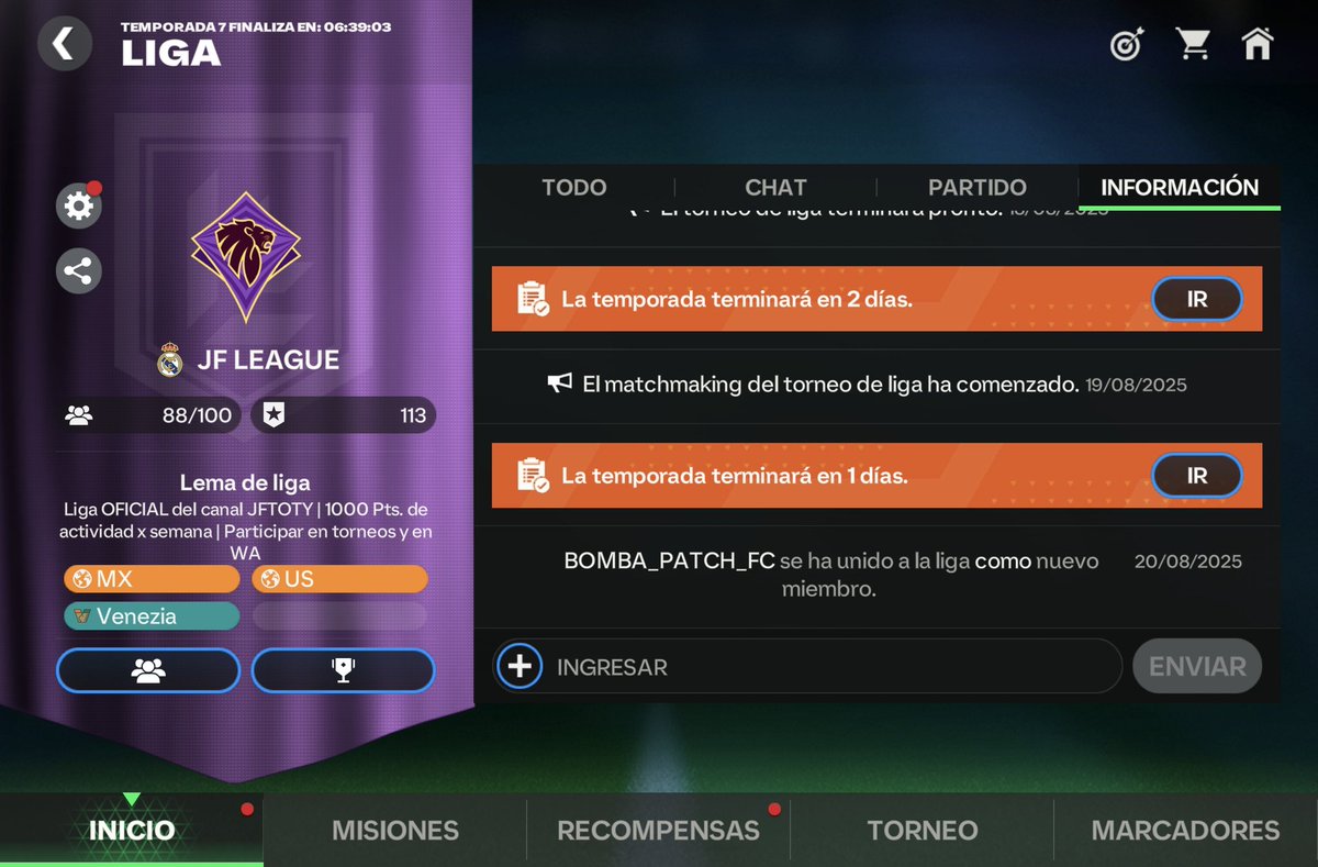 🚨JFLEAGUE Esta reclutandoo NUEVOS JUGADORES para la proxima TEMPORADA 🚨
👉🏻 IMPORTANTE: Ponerse en contacto con el admin para ser agregado al grupo de WHATSAPP 
👉🏻 REQUISITOS: cumplir con los puntos de actividad semanales
🚨LIGA ABIERTA, A PARTIR DE AHORA CUPOS DISPONIBLES🚨
