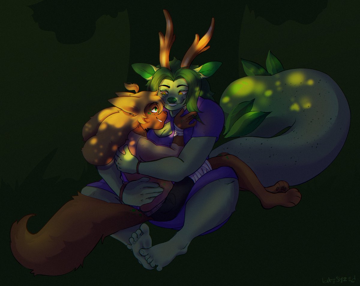 Got an amazing com from <a href="/_bitesyzed/">𝖇!𝖙𝖊</a> of a pair of goobers that I love very dearly. Mine and <a href="/LemonDogLemon/">Lucy, Return to doggy</a> D&amp;D characters posed together in a private forest area, just the two of them together <3 #dndart