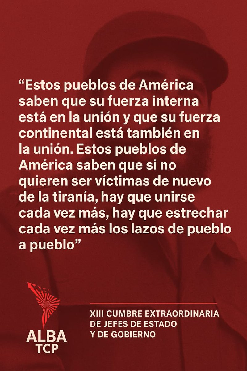 De #Fidel aprendimos que la unidad siempre será la respuesta, y hoy le recordamos en virtud de la XIII Cumbre Extraordinaria del <a href="/ALBATCP/">ALBA</a>, en formato virtual. 🤝

#ALBAUnida #Unidos #Latinoamérica