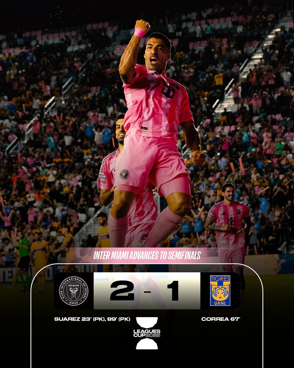 Major League Soccer (@mls) on Twitter photo 🗣️ INTER MIAMI ADVANCES TO THE LEAGUES CUP SEMIFINALS!
<a href="/LuisSuarez9/">Luis Suárez</a> scores twice to defeat Tigres, 2-1. 🗣️ INTER MIAMI ADVANCES TO THE LEAGUES CUP SEMIFINALS!
<a href="/LuisSuarez9/">Luis Suárez</a> scores twice to defeat Tigres, 2-1.