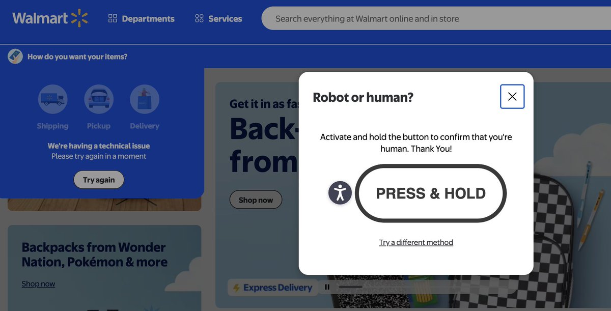 The bot protections on <a href="/Walmart/">Walmart</a> .com are preventing humans from using the site.