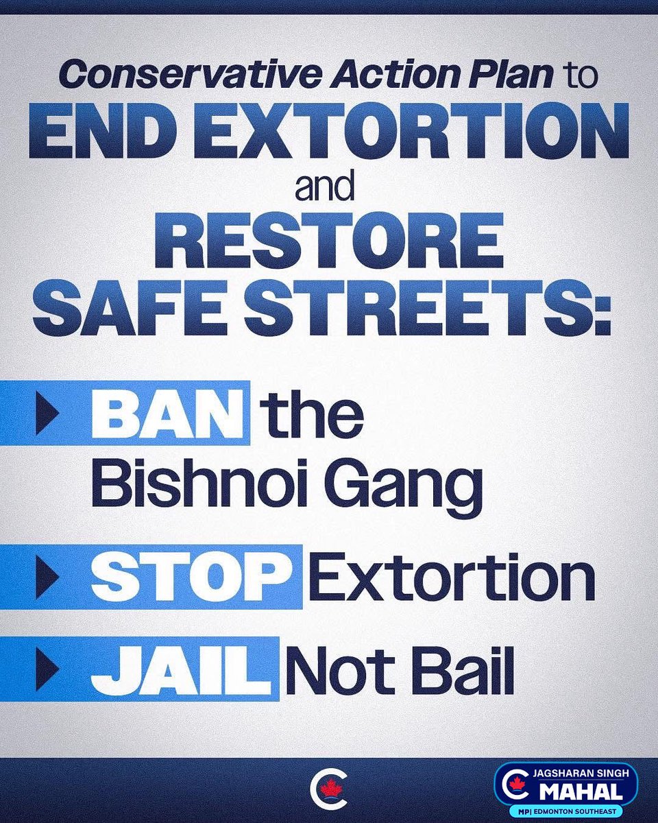 Jagsharan_Mahal's tweet image. Canadians are fed up with rising crime and gang violence. Criminal networks have no place in our communities.
The Conservative Action Plan will: 
🔒 BAN the Voilent Gangs
🛑 STOP extortion
⚖️ JAIL, not bail

#EndExtortion #SafeStreets #BanBishnoiGang #JagsharanSinghMahal…