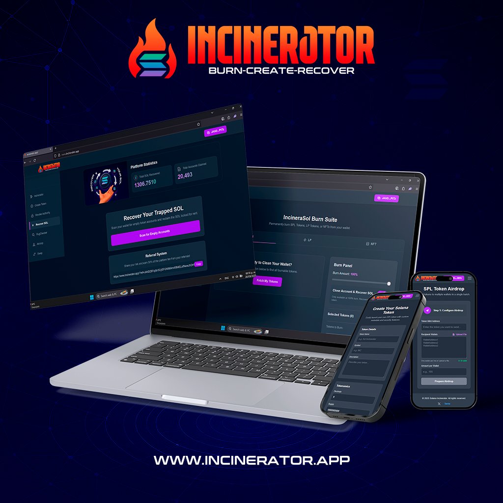 incinerator_sol's tweet image. Everything you need for your project on #Solana is in one place. 🛠️

Introducing Incinerator.app, the Swiss Army knife for creators and holders on Solana.

🔥 Incinerator: Burn SPL, LP, and NFTs.
✨ Token Creator: Launch your own token in minutes.
🔐 Authority Revoker:…