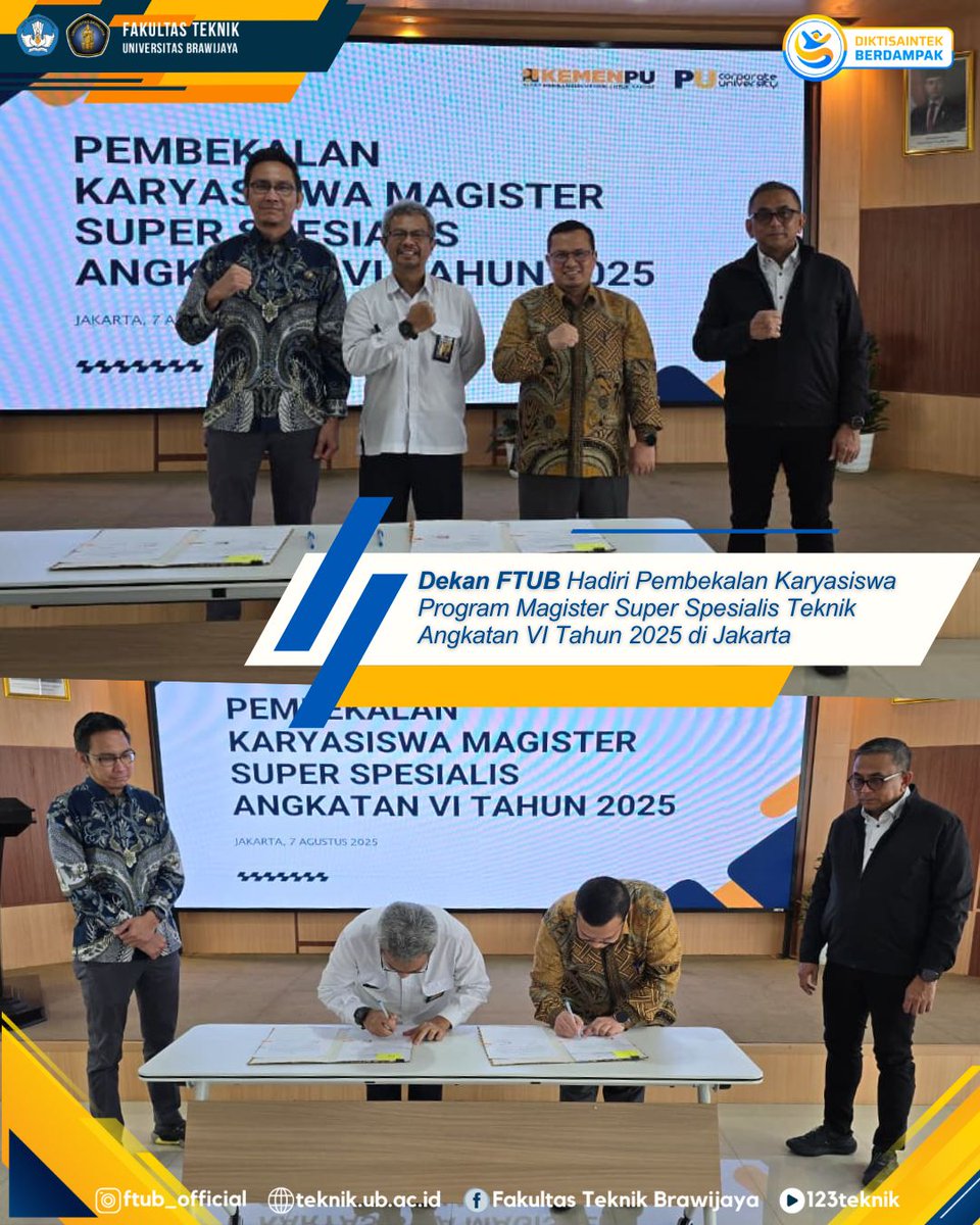 Salam #KBFT

Dekan FTUB, Prof. Ir. Hadi Suyono, S.T., M.T., Ph.D., IPU., ASEAN Eng., APEC Eng., menghadiri kegiatan Pembekalan Karyasiswa Program Magister Super Spesialis (MSS) yang diselenggarakan oleh PUPR.
Selengkapnya di teknik.ub.ac.id

#FTUB #FTUB2025
