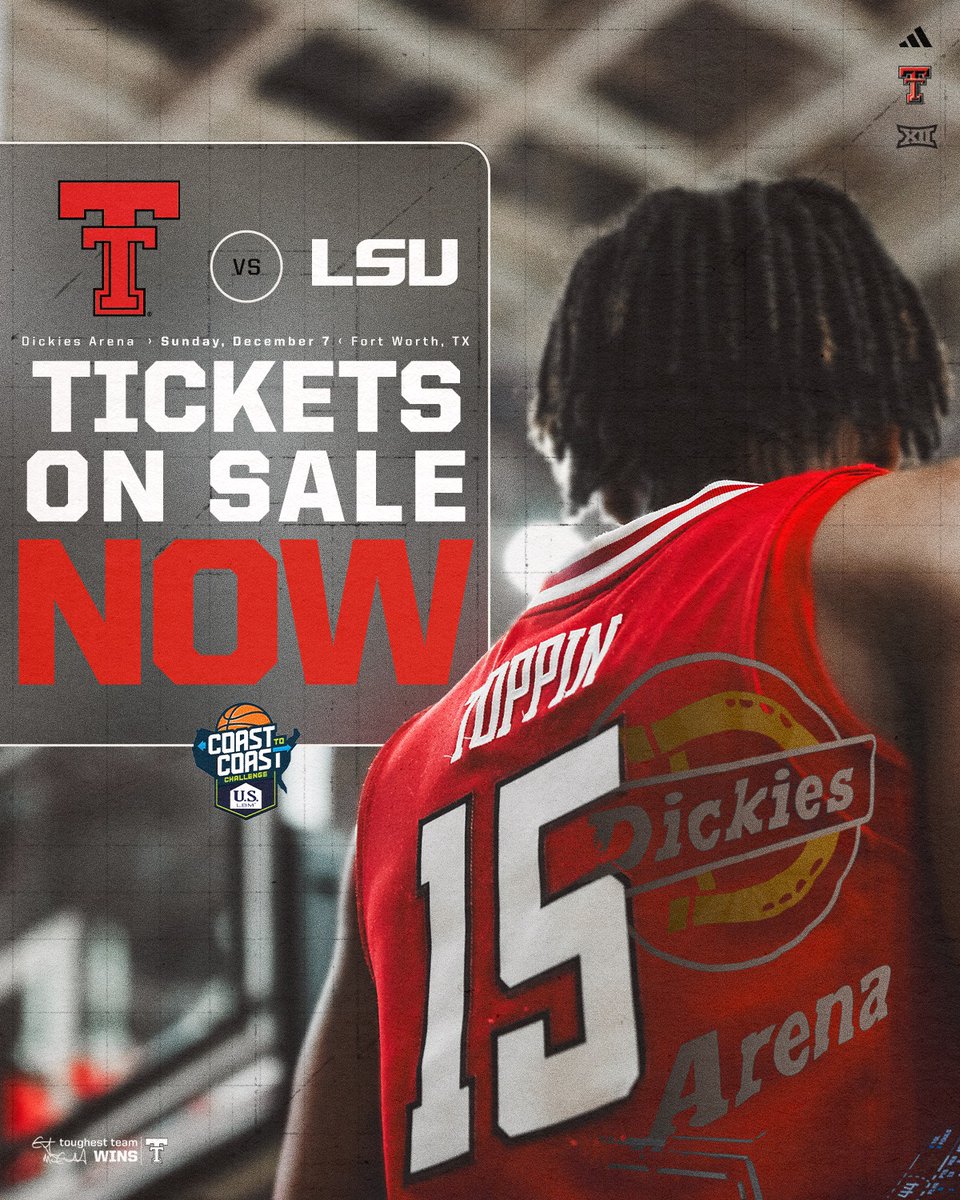 TexasTechMBB's tweet image. Let&apos;s turn Dickies Arena red &amp;amp; black ‼️

Ticket&apos;s are officially on sale ➡️ wreckem.co/TechvsLSUTicke…